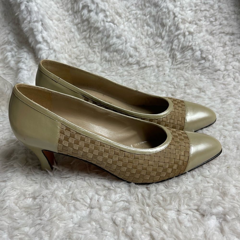 Salvatore Ferragamo light gold Leather & brown Woven Ribbon slip on heels size 9